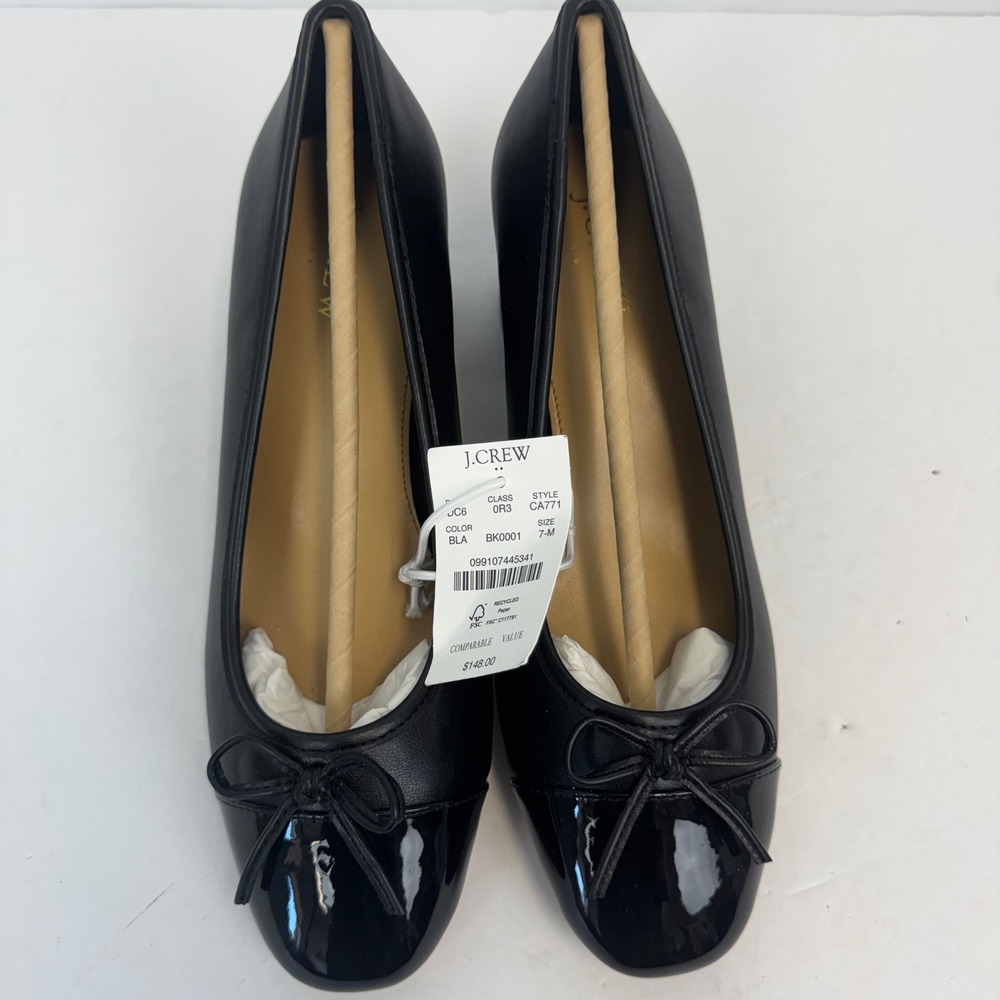 J.Crew Black Leather Patent Cap Toe Block Heel Pumps Bow Detail Womens 7M NWT